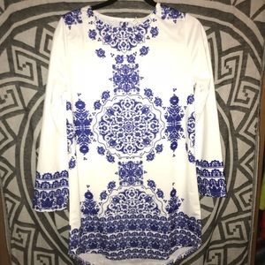 Boho white dress with blue mandala design